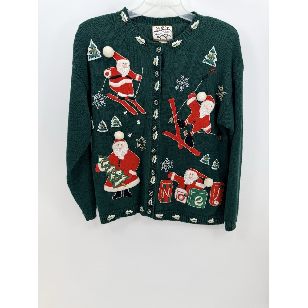 Vintage Heirloom Christmas Cardigan Sweater Women's M Santa Skiing Grandma